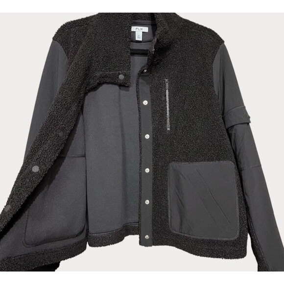 FLX Black Sherpa Faux Fur Snap Button Jacket Pockets Outdoor Active Womens Small - Picture 7 of 9